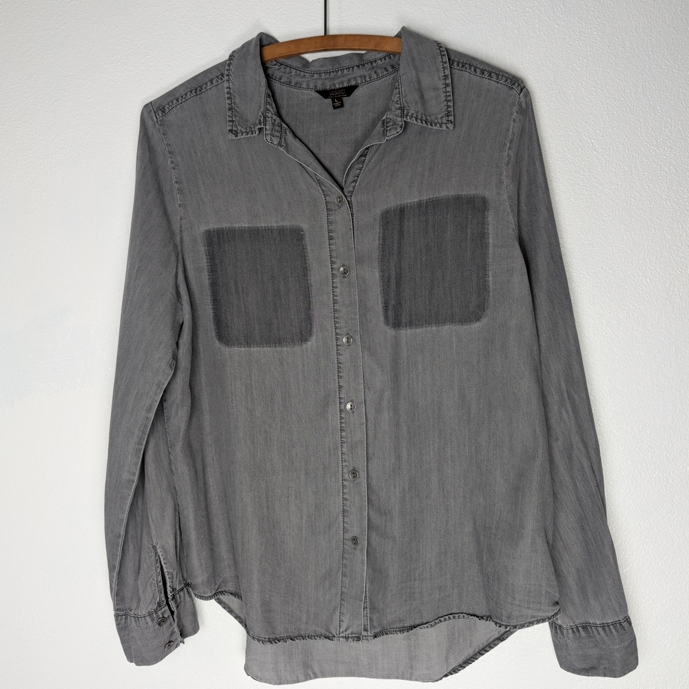 1250C women's light grey 100% tencel blouse roll tab sleeves size Large